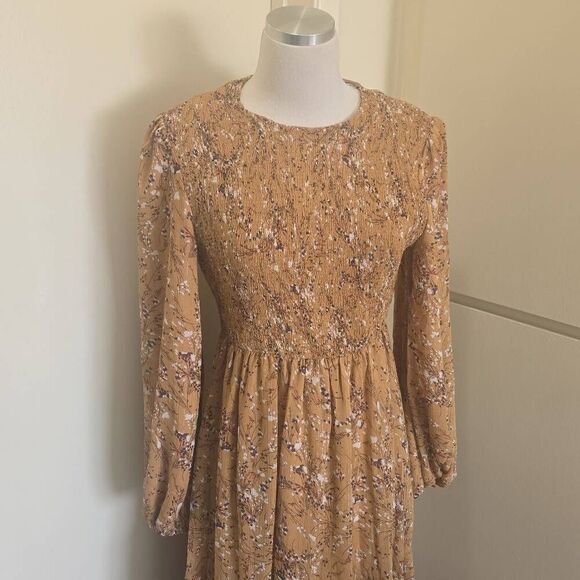 Lorraine Beige Chiffon w/ Mini Floral Prt. Gold Threads, Bohemian Dress, NWT, 12 - Picture 5 of 11